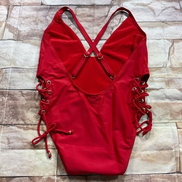 City Chic Womens Swimsuit size 18 new nwt Lace Up OnePiece Red Cherry High Leg - Picture 11 of 12